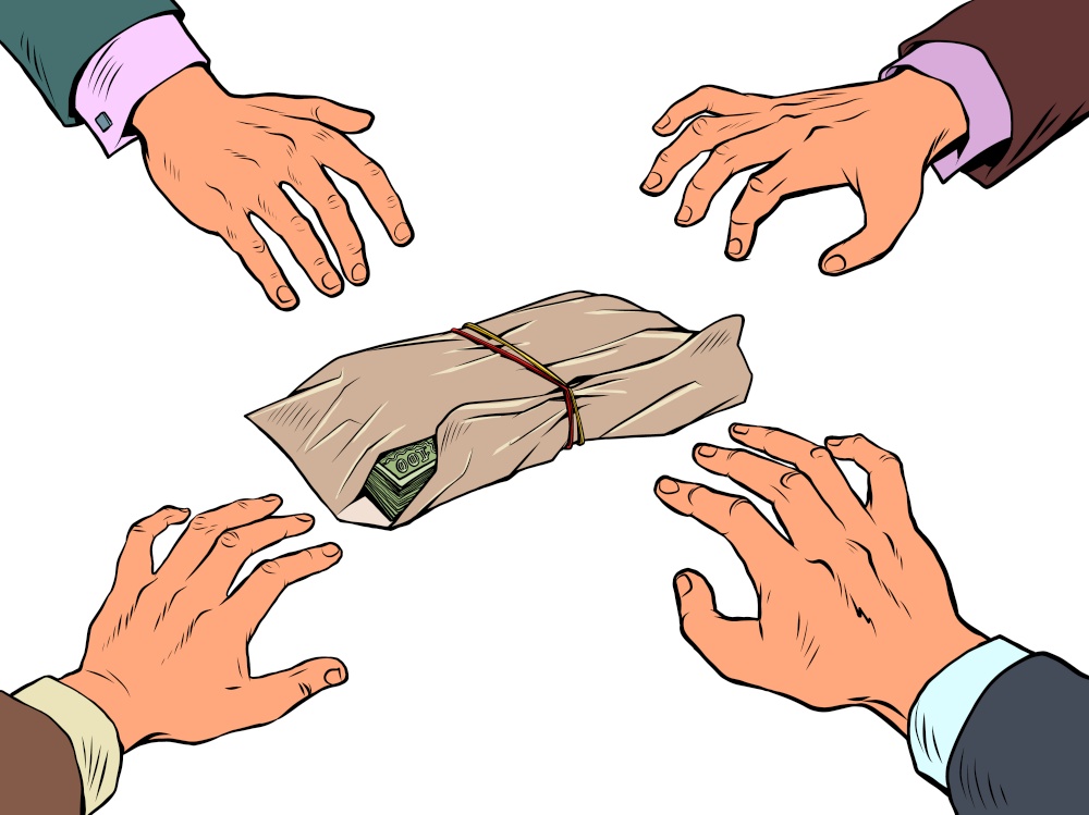 hands reaching for cash, profit dispute, theft and corruption. Comic cartoon hand drawing retro vintage. hands reaching for cash, profit dispute, theft and corruption