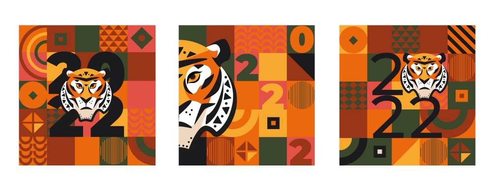 Set 2022 New Year cards with tiger&rsquo;s face,numbers 2022 on geometric background with square,triangular,round shapes.Template design for banners,flyers,invitations, greetings,posters,web,covers.Vector. Set 2022 New Year cards.