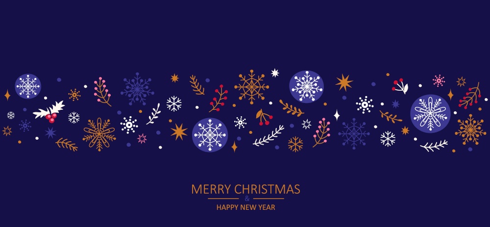Merry Christmas and Happy New Year greeting card for 2022 holidays.Horizontal banner with christmas elements-snowflakes,snow,berries, branches on blue background.Christmas pattern.Vector illustration.. Merry Christmas and Happy New Year greeting card.