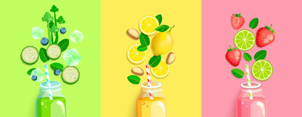 Drinks with fresh fruits,vegetables,berries.Smoothie with celery,cucumber,mint, lemon and honey,ginger, strawberry,lime.Healthy detox. Set cold juices for hot season.Bright template for design. Vector. Drinks with fresh fruits,vegetables,berries.