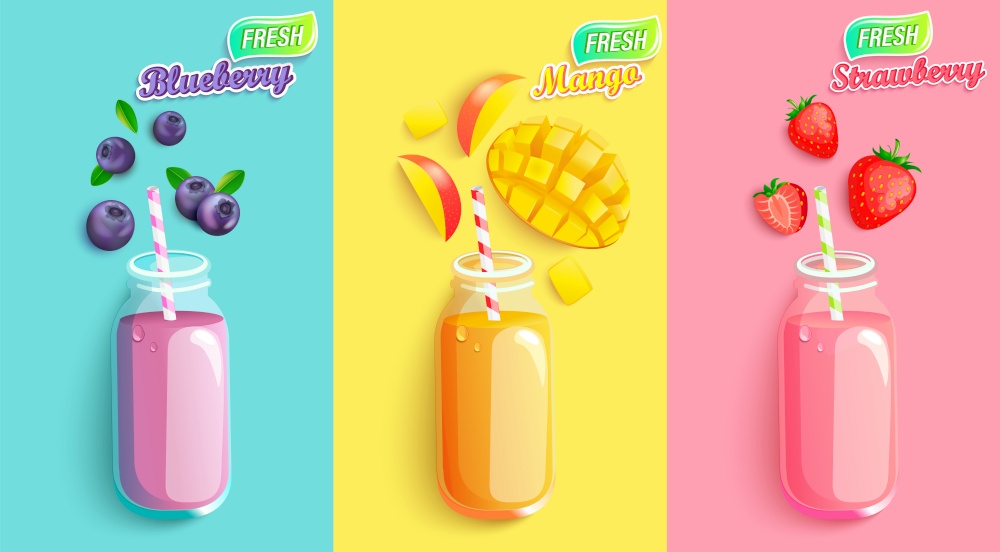 Drinks with fresh fruits,berries.Juices with pieces strawberry,blueberry and mango.Healthy detox. Set cold jars with tasty smoothies for hot season.Bright template for design. Vector illustration.. Drinks with fresh fruits,berries.