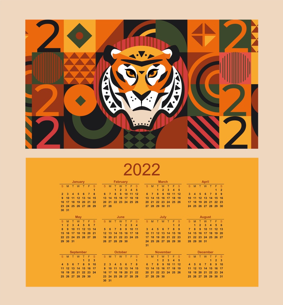 2022 year Calendar with 12 month for card with separately calender and geometric background with tiger face. Week starts on Sunday.Template design for organizer and planner in new year.Vector. 2022 year Calendar with 12 month.