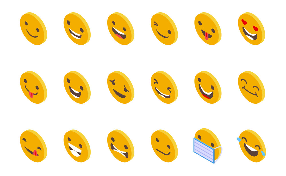 Smiling faces icons set isometric vector. Happy face. Cute smile. Smiling faces icons set isometric vector. Happy face