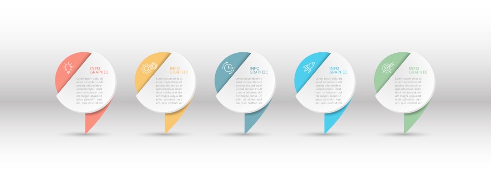 Business infographics. 5 stages of achieving the goal. Stages of the workflow, development, marketing, plan or training. Business strategy with icon icons. Report or statistics schema.