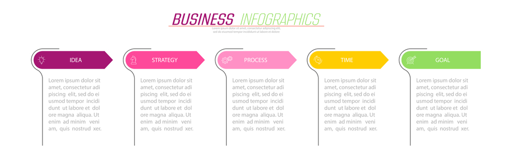 Business infographics. 5 stages of achieving the goal. Stages of the workflow, development, marketing, plan or training. Business strategy with icon icons. Report or statistics schema.
