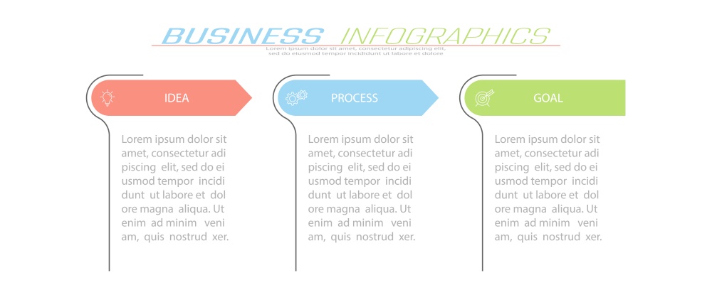 Business infographics. 3 stages of achieving the goal. Stages of the workflow, development, marketing, plan or training. Business strategy with icon icons. Report or statistics schema.