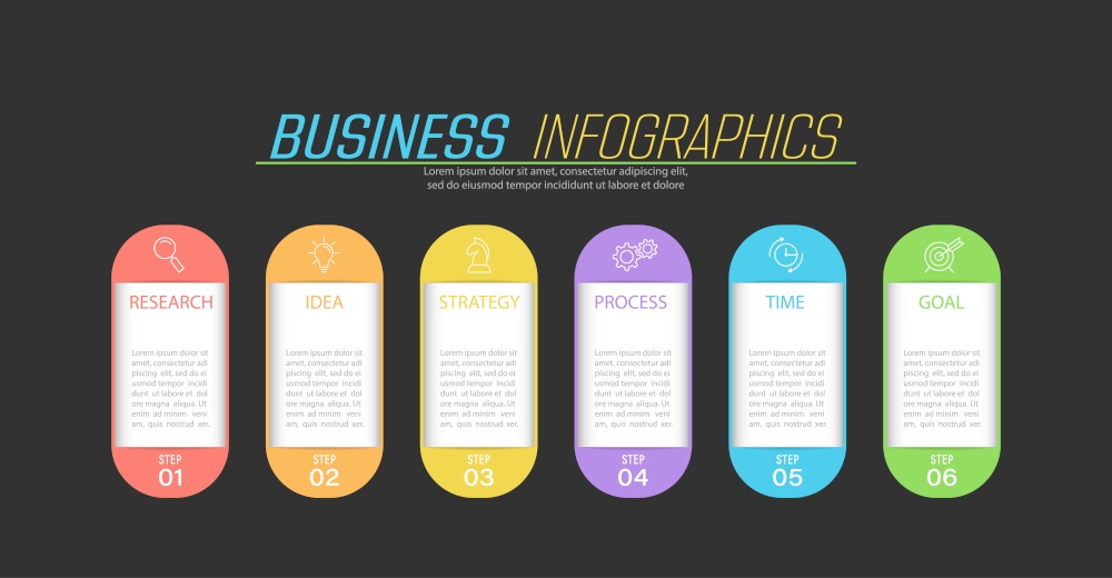 Business infographics. 6 stages of achieving the goal. Stages of the workflow, development, marketing, plan or training. Business strategy with icon icons. Report or statistics schema.