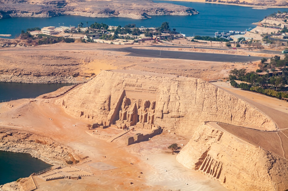 Aerial view of The Great Temple of The Pharaoh Rameses II and The Small Temple of Hathor and The Queen Nefertari in the village of Abu Simbel, Aswan, Upper Egypt.