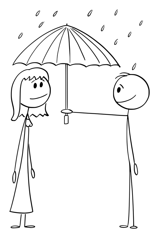 Man offering love and protection to woman, holding umbrella in rain, vector cartoon stick figure or character illustration.. Man Offering Umbrella in Rain to Woman, Love and Protection, Vector Cartoon Stick Figure Illustration
