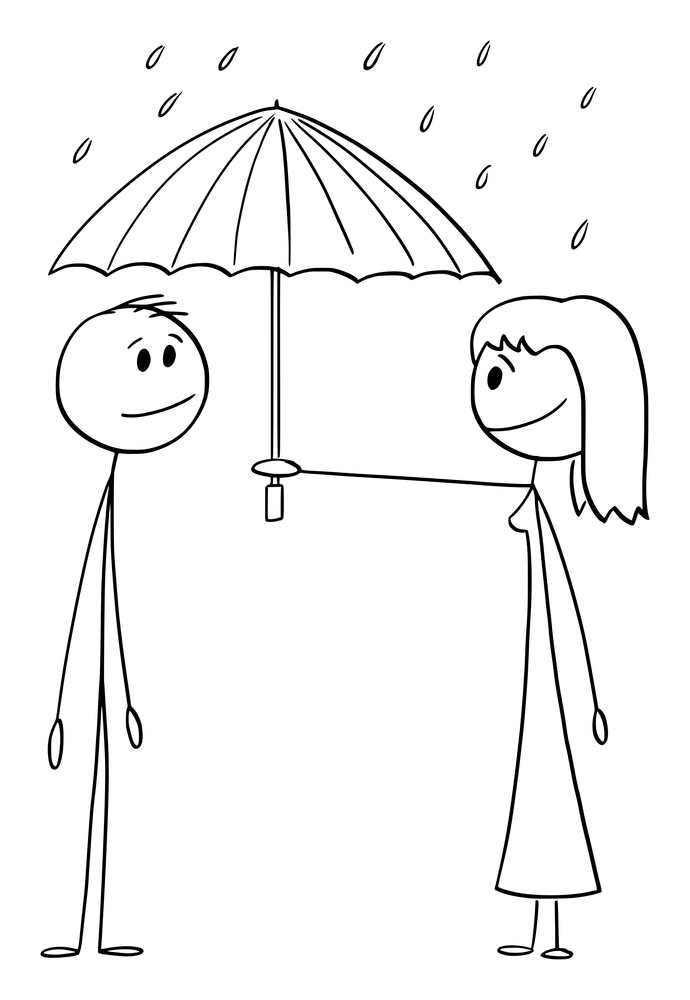 Woman offering love and protection to man, holding umbrella in rain, vector cartoon stick figure or character illustration.. Woman Offering Umbrella in Rain to Man, Love and Protection, Vector Cartoon Stick Figure Illustration