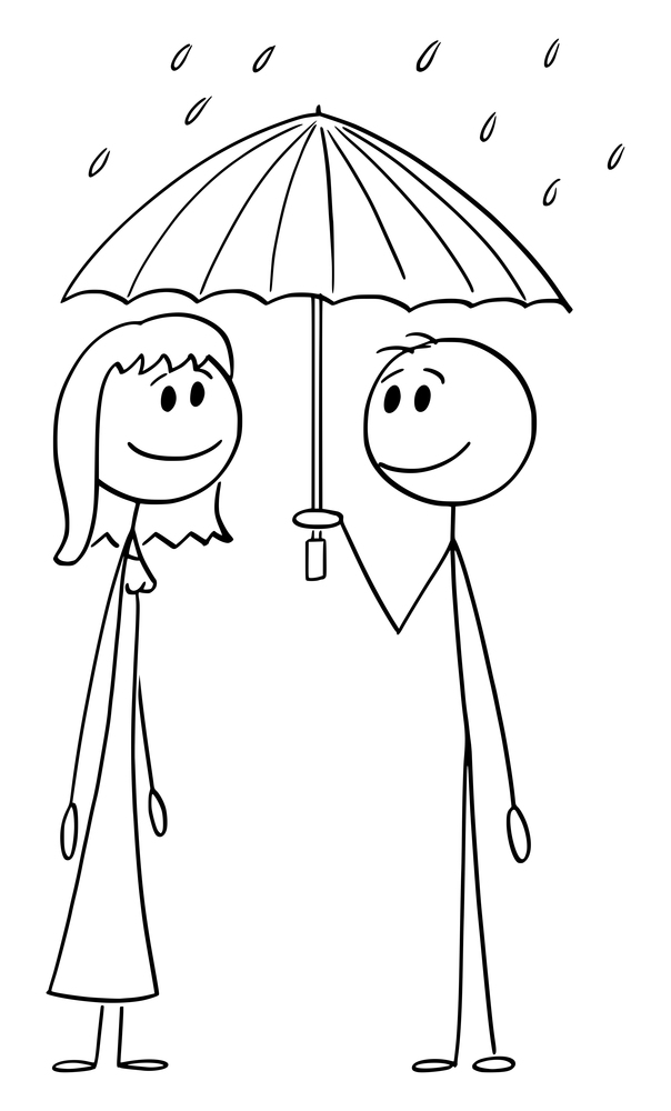 Woman and man on date share umbrella in rain, protecting from rain, vector cartoon stick figure or character illustration.. Man and Woman Sharing Umbrella Protection in Rain, Date and Love , Vector Cartoon Stick Figure Illustration