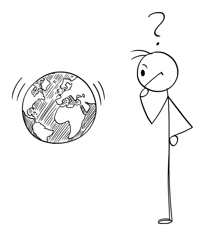 Person thinking about future or ecosystem of world or planet Earth, vector cartoon stick figure or character illustration.. Person Looking at Planet Earth or World and Thinking, Vector Cartoon Stick Figure Illustration