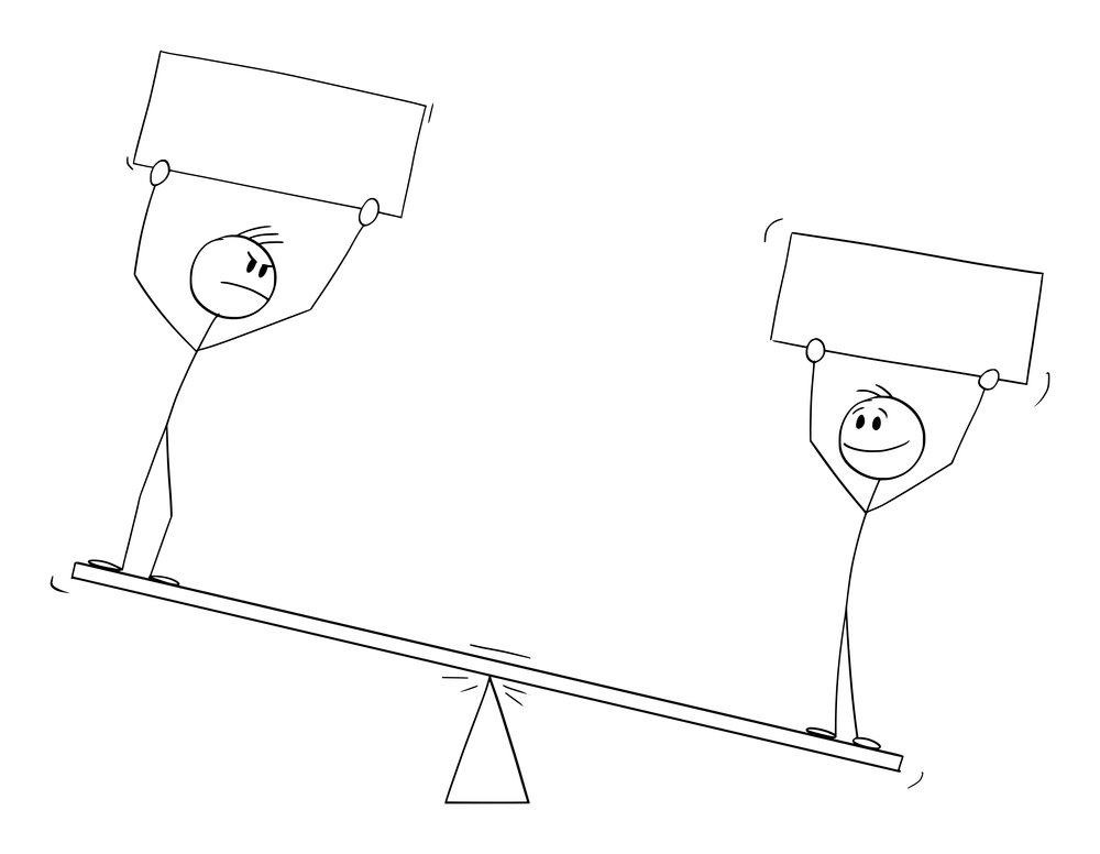 Two person standing on balance scales and holding empty signs, vector cartoon stick figure or character illustration.. Two Persons on Balance Scales Holding Empty Signs , Vector Cartoon Stick Figure Illustration