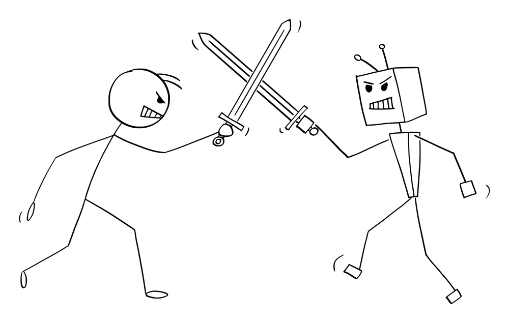 Robot or AI and human person fighting with swords, vector cartoon stick figure or character illustration.. Human Person and Robot or AI Fighting with Swords, Vector Cartoon Stick Figure Illustration