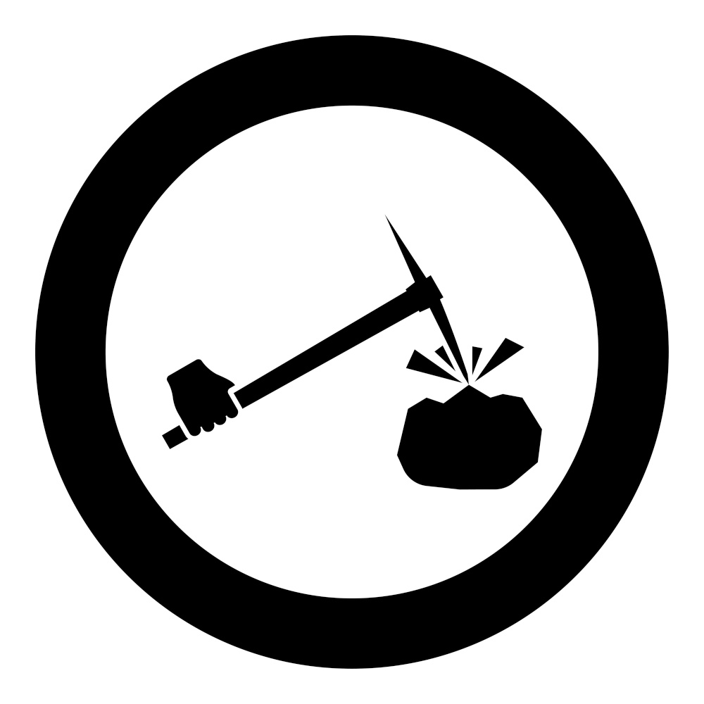 Pickaxe mining beats stones flying Holding in hand icon in circle round black color vector illustration image solid outline style simple. Pickaxe mining beats stones flying Holding in hand icon in circle round black color vector illustration image solid outline style