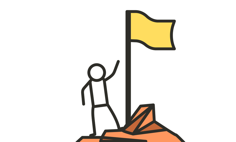 Man climbed to the top mountain with flag flat illustration achievement concept. Business goal leadership career winner. Climb growth employee motivation vision. Up hill direction challenge peak