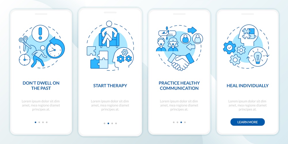 Breakup recovery onboarding mobile app page screen. Individual emotional healing walkthrough 4 steps graphic instructions with concepts. UI, UX, GUI vector template with linear color illustrations. Breakup recovery onboarding mobile app page screen