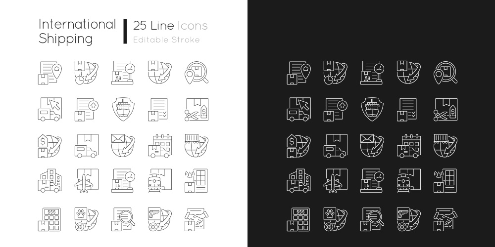 International logistics business linear icons set for dark and light mode. Global transportation service. Customizable thin line symbols. Isolated vector outline illustrations. Editable stroke. International logistics business linear icons set for dark and light mode