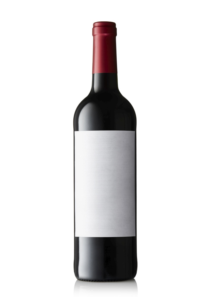 Bottle of red wine with white blank label on white.