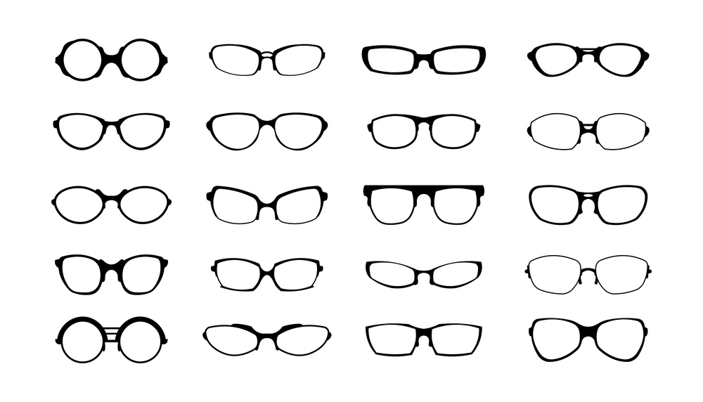 Glasses frame. Black silhouette of retro sunglasses plastic rims. Modern fashion accessory forms assortment. Optometrist logo. Isolated vision eyeglasses with optic lens. Vector hipster eyewear set. Glasses frame. Black silhouette of retro sunglasses rims. Modern fashion accessory forms assortment. Optometrist logo. Isolated vision eyeglasses with optic lens. Vector eyewear set