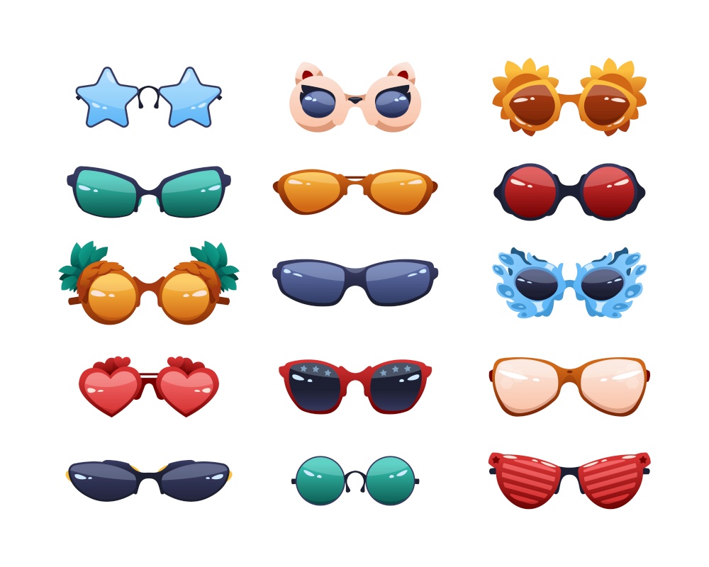 Party glasses. Cartoon funny fashion sunglasses with reflections. Round colorful summer spectacles. Different shapes eyewear. Bright plastic rims and sun protection lens. Vector trendy accessories set. Party glasses. Cartoon funny fashion sunglasses with reflections. Round colorful summer spectacles. Different shapes eyewear. Plastic rims and sun protection lens. Vector accessories set