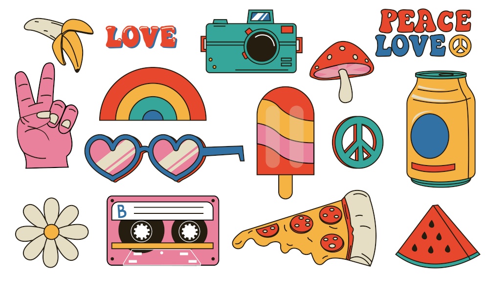 Hippie retro stickers. Cartoon funny psychedelic vintage clip art. Smiley face. Flower and mushroom. Peace symbol. Rainbow and pizza piece. Heart shaped sunglasses. Vector hippy isolated elements set. Hippie retro stickers. Cartoon psychedelic vintage clip art. Smiley face. Flower and mushroom. Peace symbol. Rainbow and pizza piece. Heart shaped sunglasses. Vector hippy elements set