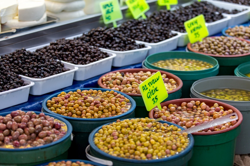 A market selling olives in Antalya bazaar
