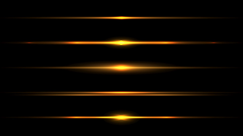 Set of elements horizontal glowing light ray effect isolated on black background. Vector graphic illustration