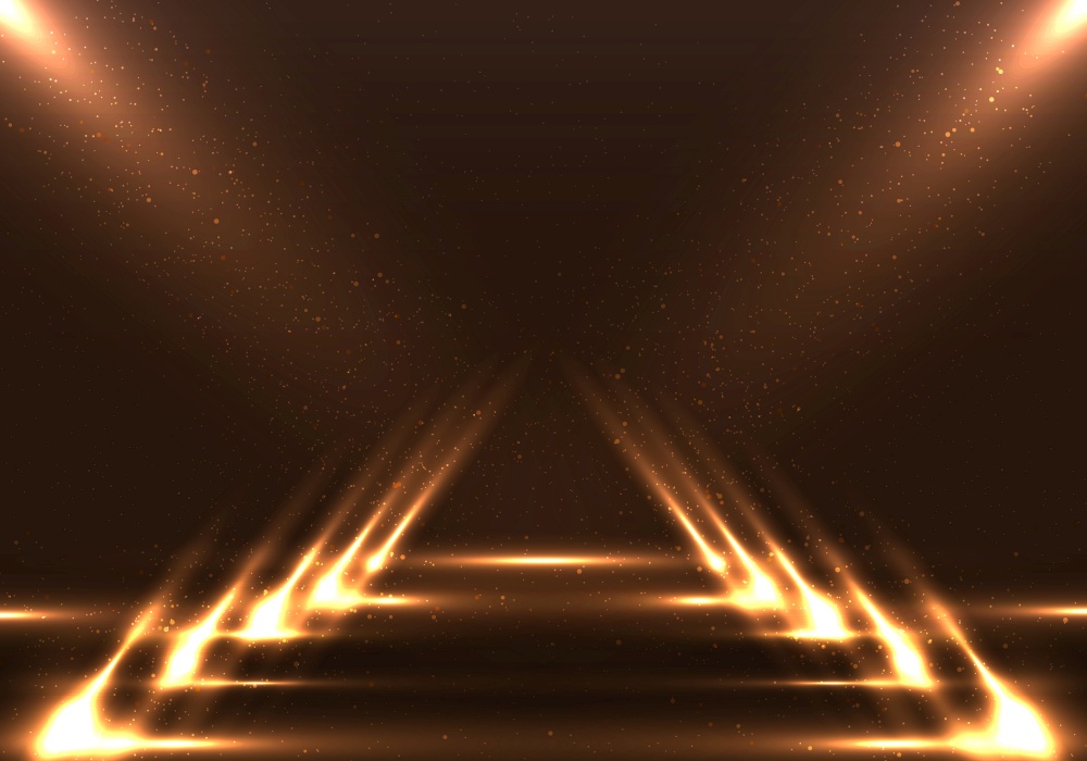 Empty fashion runway stage brown scene background with walkway spotlights and dust particles. Vector graphic illustration