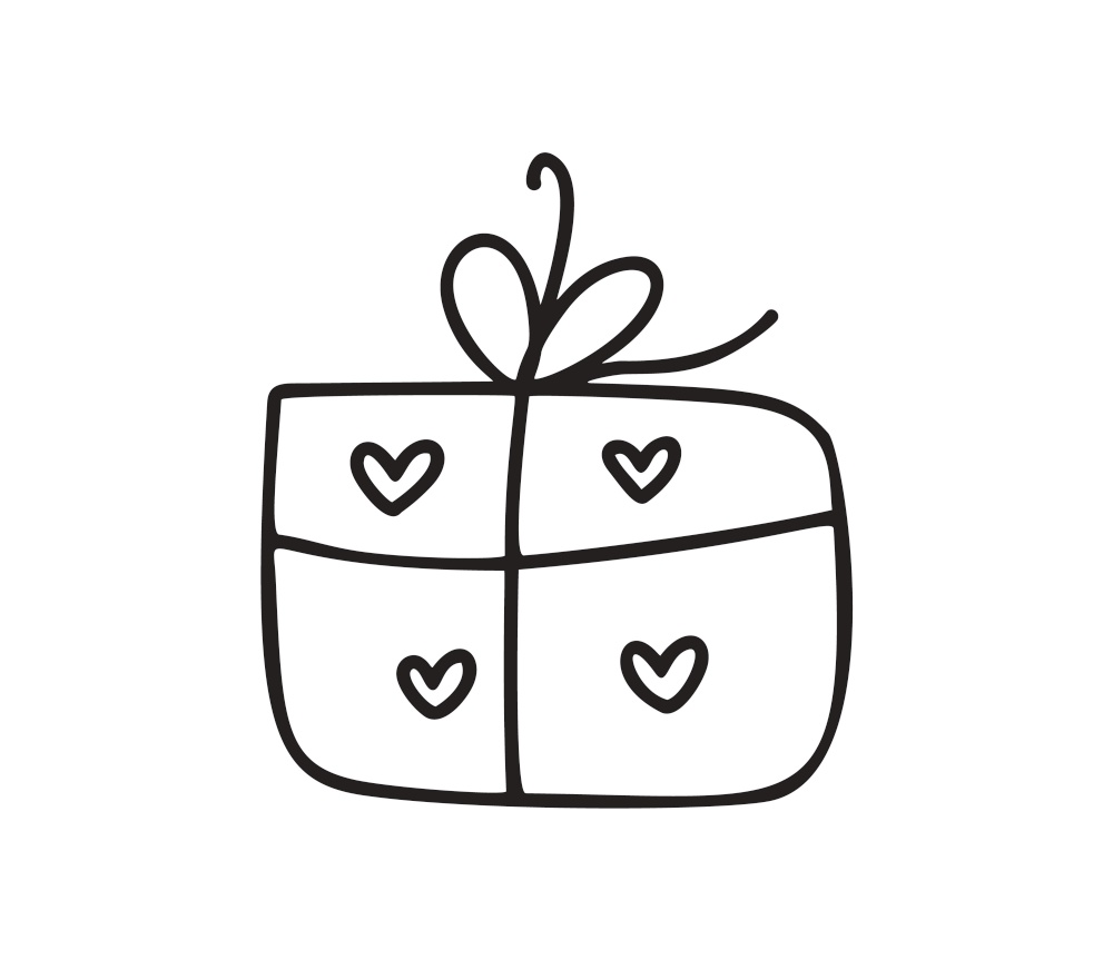 Monoline gift box with hearts. Valentines Day Hand Drawn icon. Heart Holiday sketch doodle Design element valentine. love decor for web, wedding and print. Isolated illustration.. Monoline gift box with hearts. Valentines Day Hand Drawn icon. Heart Holiday sketch doodle Design element valentine. love decor for web, wedding and print. Isolated illustration
