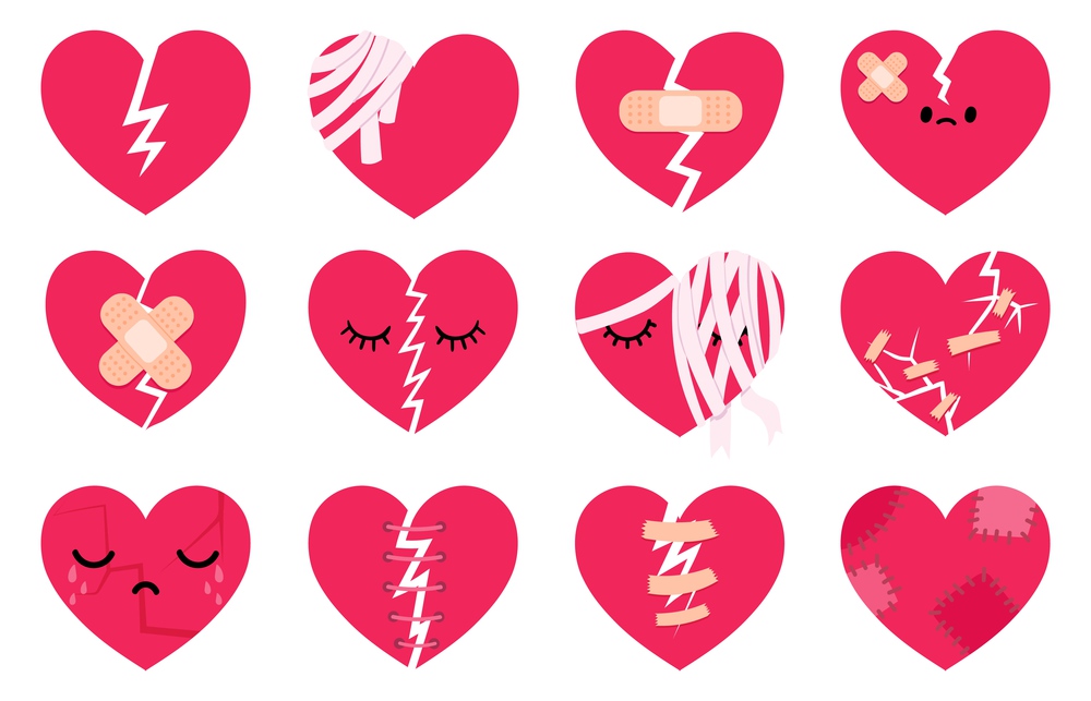 Broken sad hearts with tears, cracks, aid bandages and stitches. Heartbreak, divorce and relationship breakup symbol characters vector set. Depressive feelings, wounds with bandages. Broken sad hearts with tears, cracks, aid bandages and stitches. Heartbreak, divorce and relationship breakup symbol characters vector set