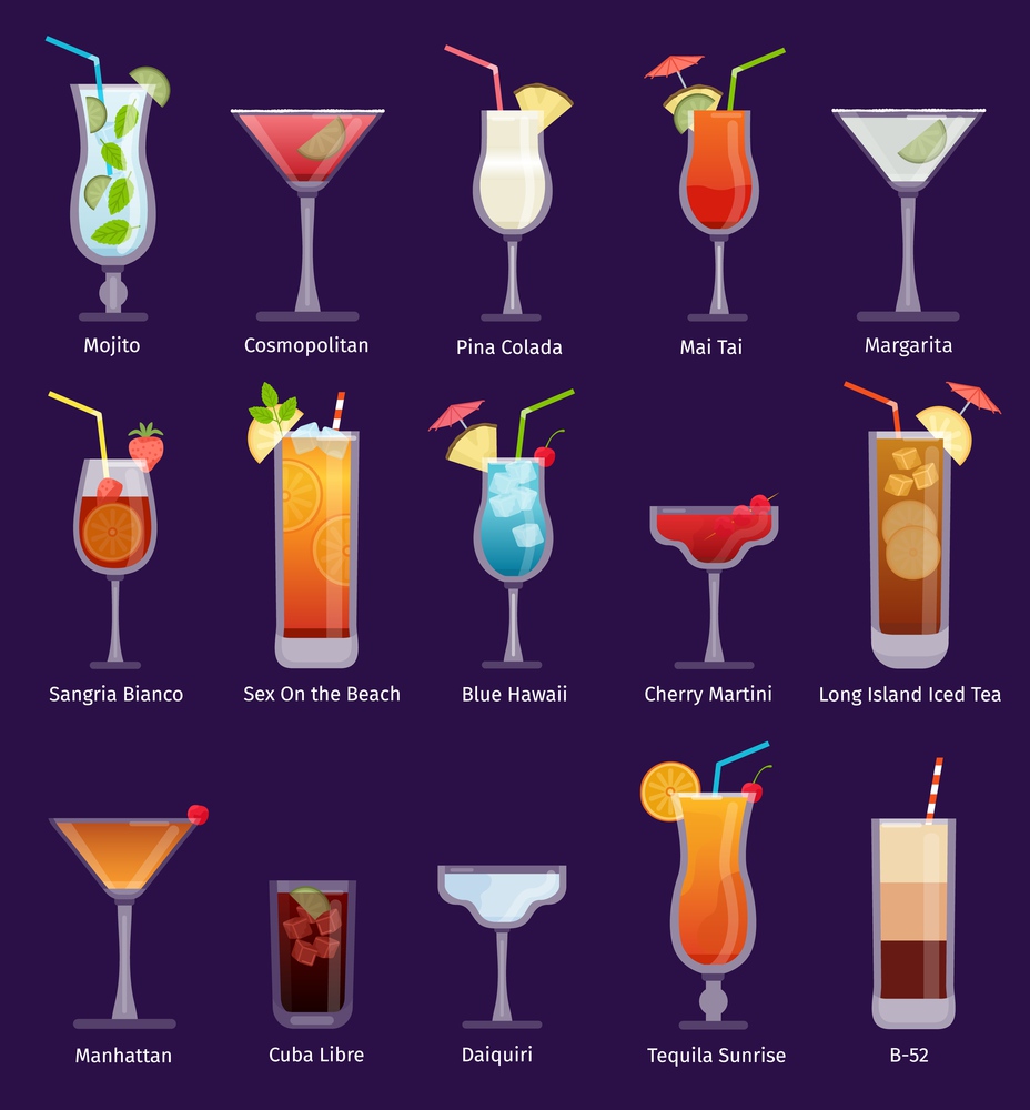 Alcohol cocktails, pina colada, martini, margarita and tequila. Flat tropical drinks and beverages in glasses. Classic cocktail vector set. Bar menu with tequila sunrise, blue hawaii, mai tai. Alcohol cocktails, pina colada, martini, margarita and tequila. Flat tropical drinks and beverages in glasses. Classic cocktail vector set