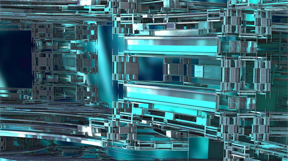 Abstract Computer generated Fractal design. 3D Aliens Illustration of a Beautiful infinite mathematical mandelbrot set fractal futuristic blue metalic structure. 3D Illustration of a Beautiful infinite mathematical mandelbrot set fractal.
