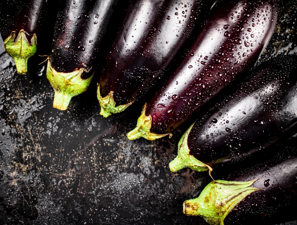 Ripe eggplant with droplets of water. On a black background. High quality photo. Ripe eggplant with droplets of water.