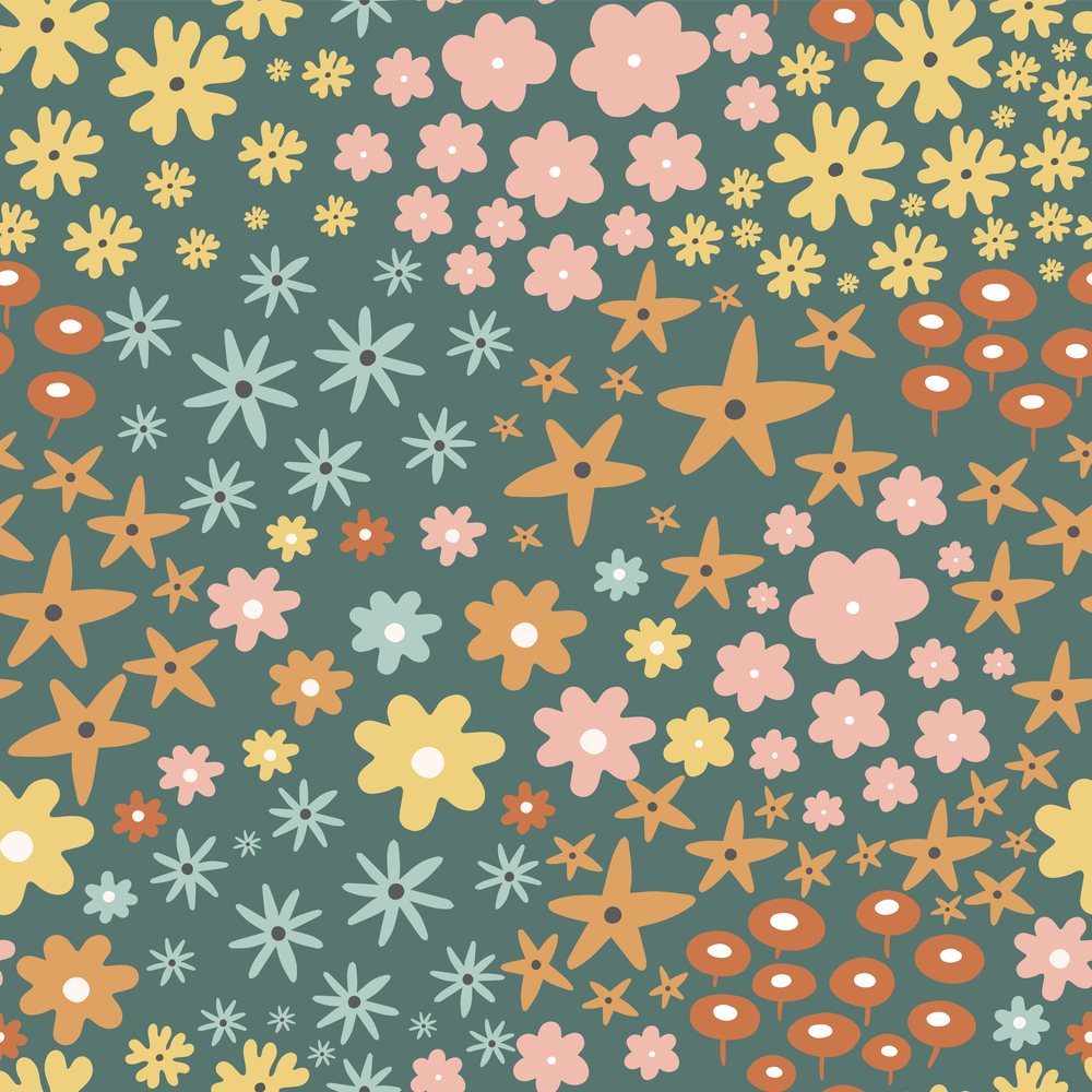 Spring seamless pattern with a lot of flowers on a green background.Vector background with wildflowers.
