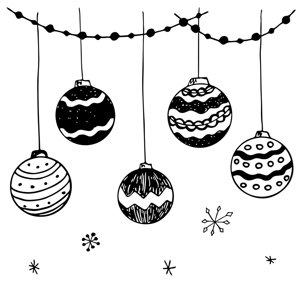 Black and white Christmas hand drawn ornaments. Set of vector doodle Black and white Christmas hand drawn balls.