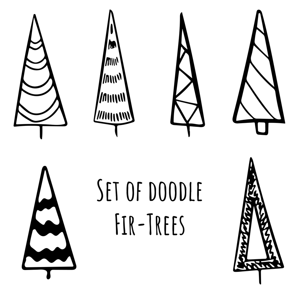 Set of Hand drawn stylized christmas trees in doodle style. Stock vector illustration