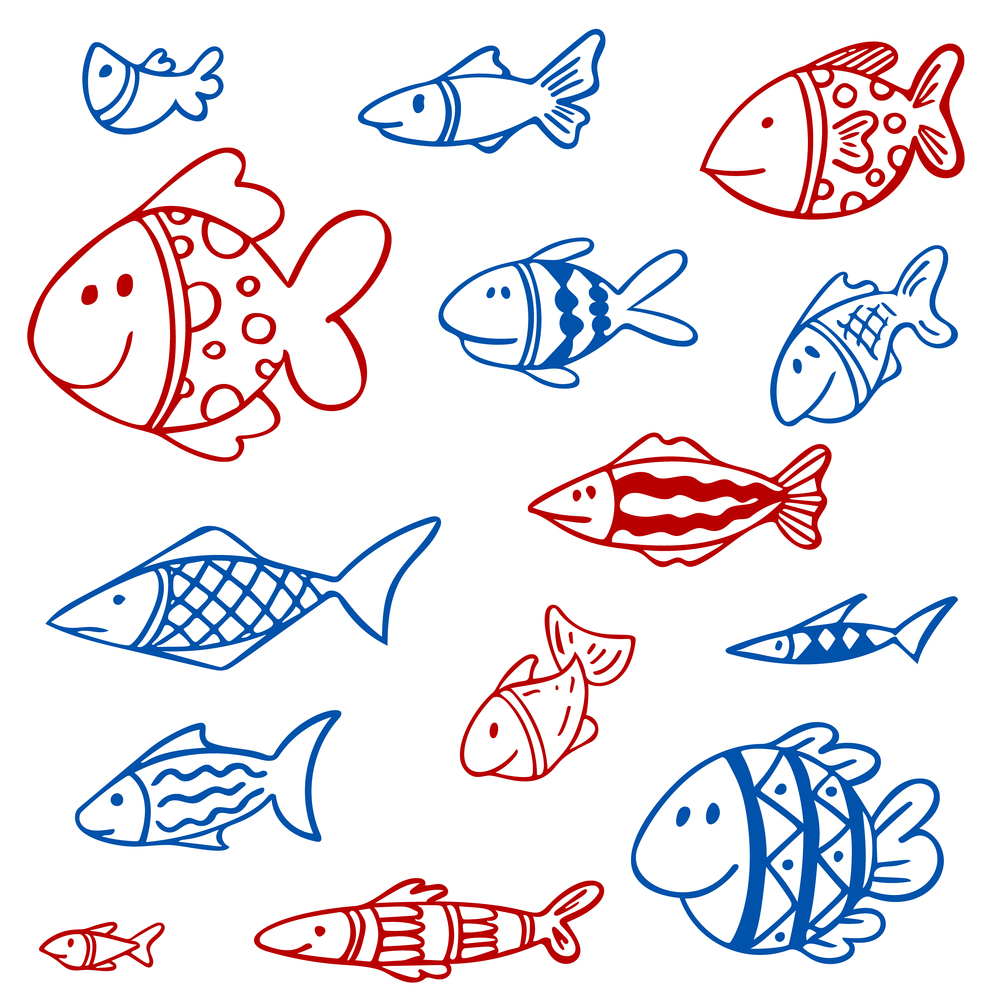 Set of red and blue fishes in doodle ink style. Set of red and blue fishes in doodle ink style. Hand drawn illustration