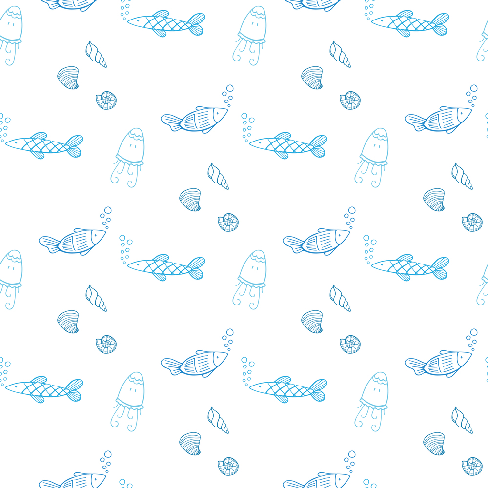 Blue fish and shells doodles vector seamless pattern.. Blue fish and shells doodles vector seamless pattern