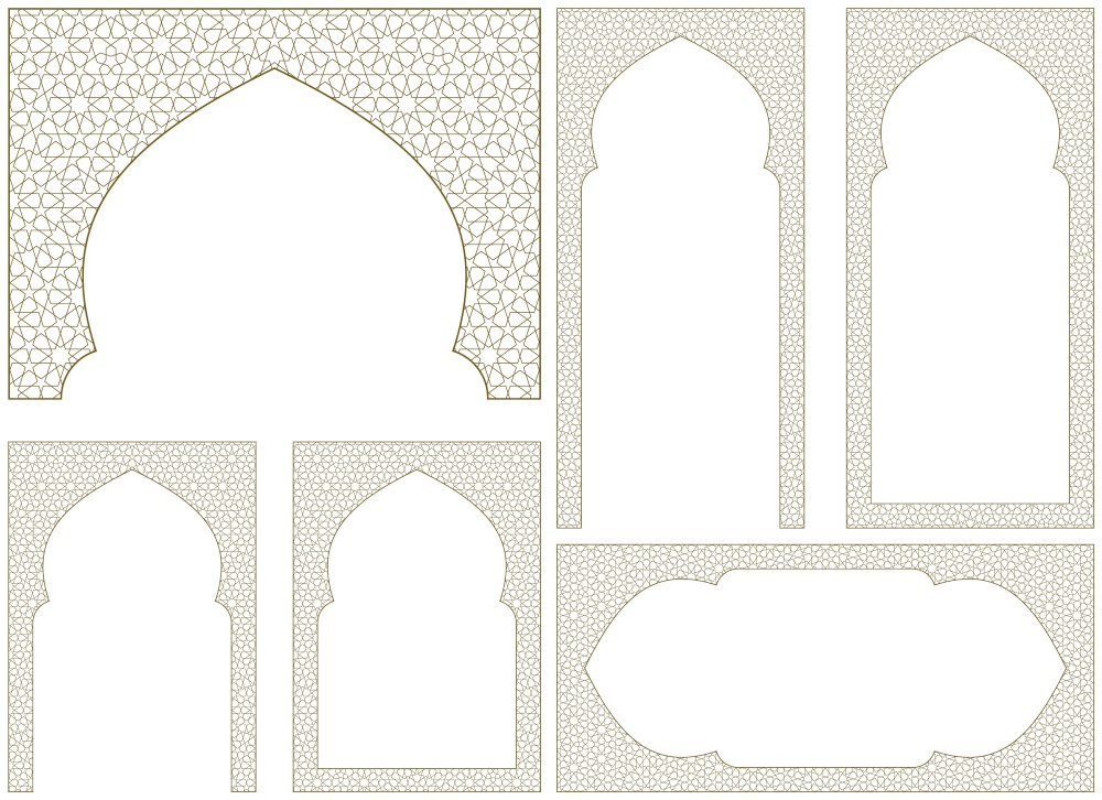 A set of six design elements. . Ornament in Arabic geometric style. Arc, two frames proportion A4, two frames 2 x1 proportion and bonus element. A set of six design elements. Ornament in Arabic geometric style