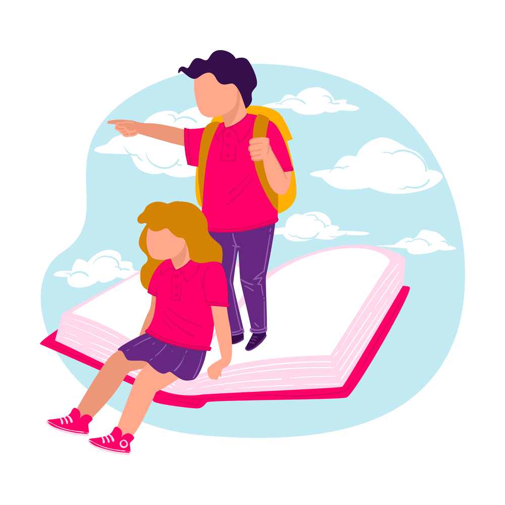 Education and obtaining knowledge from books, studying and developing skills. Boy and girl standing on book pointing in front, opportunities and possibilities for children. Vector in flat style. Pupils with satchels sitting and standing on book