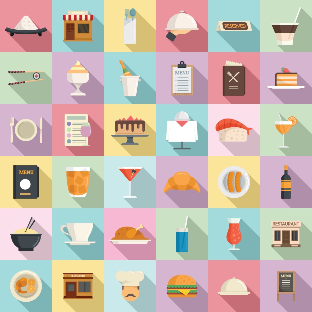 Restaurant icons set flat vector. Cook cafe. Food bar. Restaurant icons set flat vector. Cook cafe