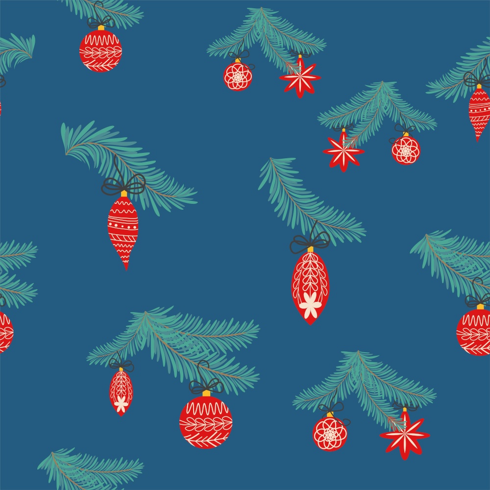Seamless christmas pattern with fir branches. Spruce background. Christmas and Happy New Year seamless pattern with Christmas toys and gifts. Trendy retro style. Seamless christmas pattern with fir branches. Spruce background