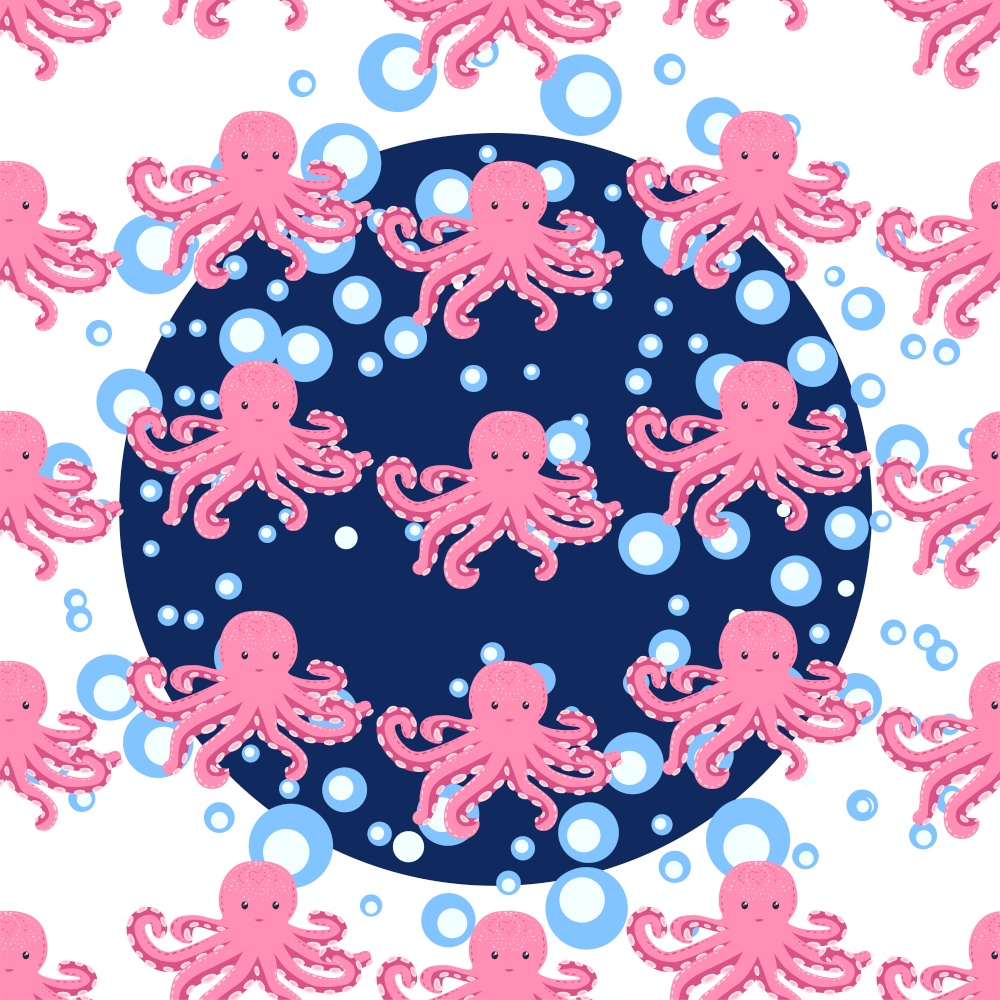 Seamless pattern with cute octopus, seaweed and pearl. Childish seamless pattern with cute hand drawn. Trendy nursery background. Seamless pattern with cute octopus, seaweed and pearl. Trendy nursery background