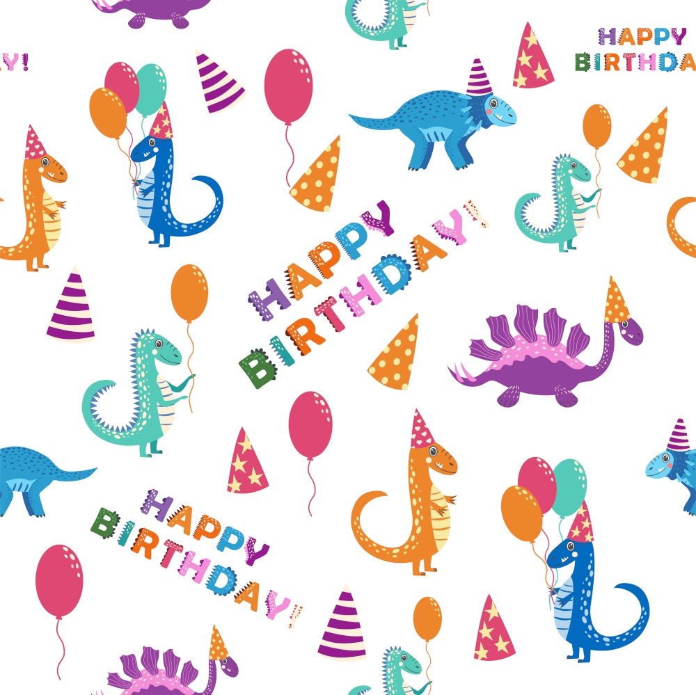 Seamless pattern with cute dinosaurs. Dinosaurs celebrate their birthday with gifts and sweets. seamless pattern with cute dinosaurs Happy Birthday. seamless pattern with cute dinosaurs Happy Birthday