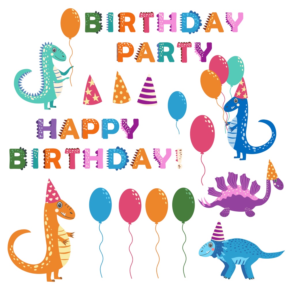 set of Birthday party elements with funny dinosaurs. Dinosaurs celebrate their birthday with gifts and sweets. Happy Birthday. set of Birthday party elements with funny dinosaurs