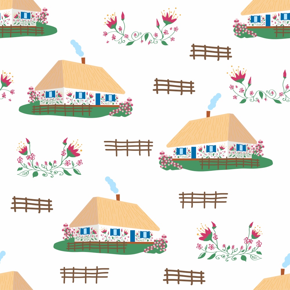 Seamless pattern Ukrainian traditional house with white walls, thatched roof, flower garden and wicker fence.. Seamless patterns Ukrainian rural house with wooden fence. Ukrainian traditional house with white walls