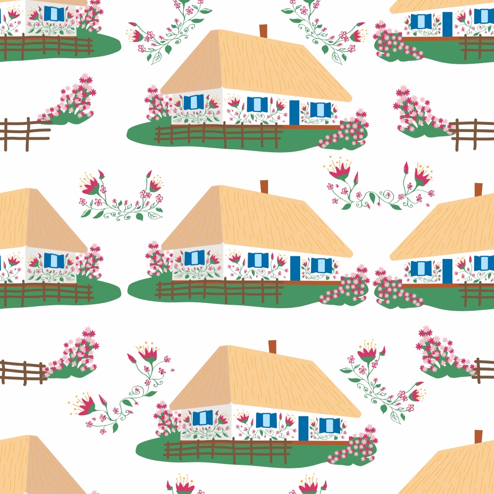 Seamless pattern Ukrainian traditional house with white walls, thatched roof, flower garden and wicker fence.. Seamless patterns Ukrainian rural house with wooden fence. Ukrainian traditional house with white walls