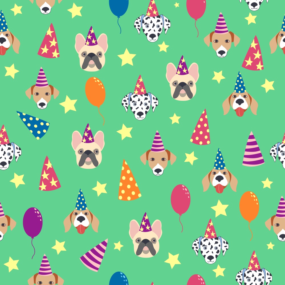 Happy birthday seamless pattern with cartoon dogs of the Dalmatian, Bulldog, Terrier, Corgi breed. Birthday gifts, balloons, sweets and party hats.. Happy birthday seamless pattern with cartoon dogs of the Dalmatian, Bulldog, Terrier breed. Birthday gifts, balloons
