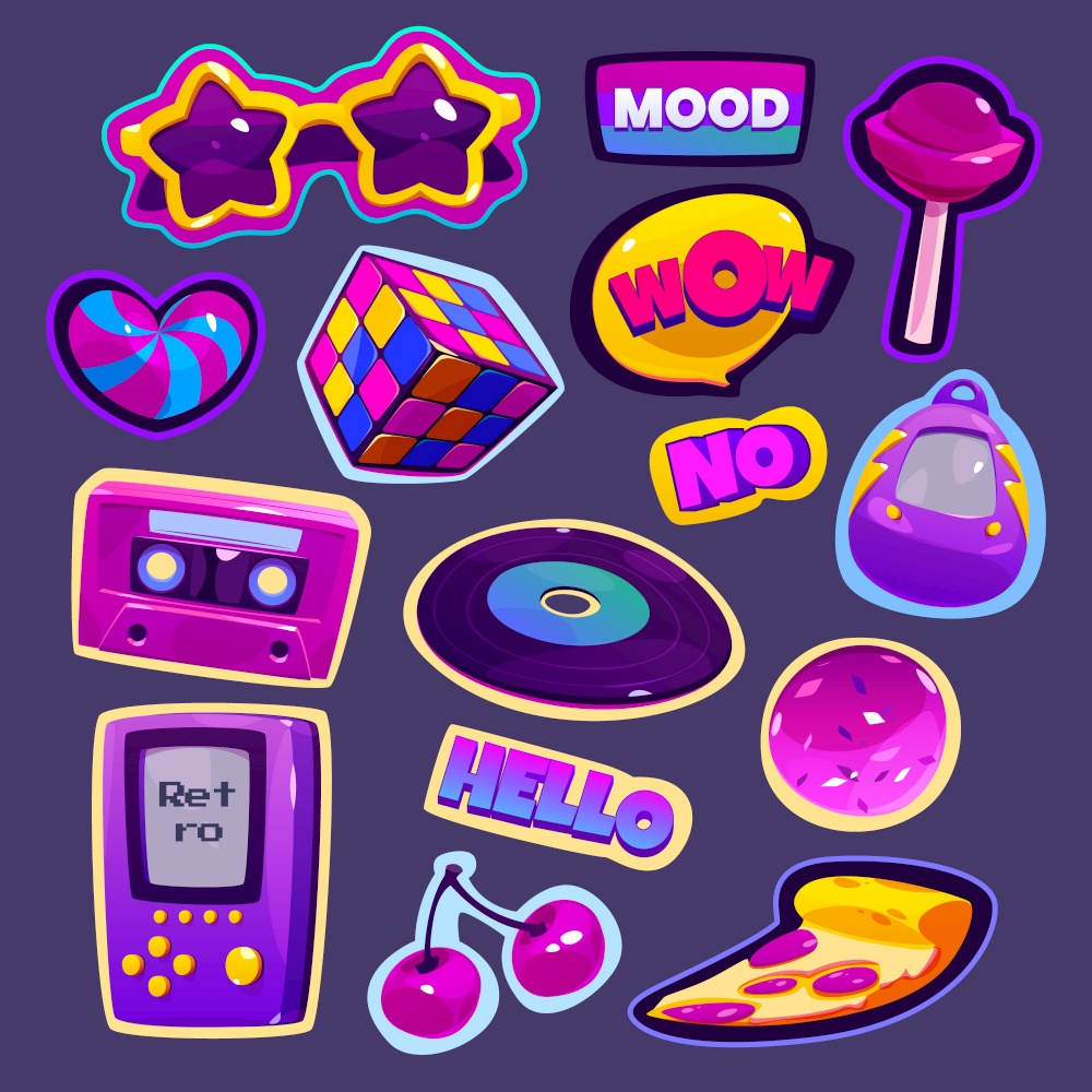 Retro stickers in 90s style. Comic patch badges with star shaped sunglasses, pizza and gameboy. Vector cartoon set of cute icons of cassette, vinyl record, rubiks cube and candies. Cartoon retro stickers in 90s style
